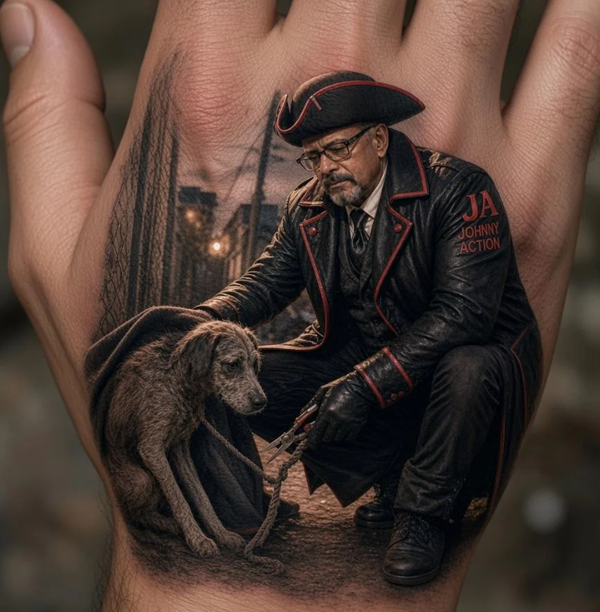 Johnny Action and a dog depicted in a tattoo on a person's hand