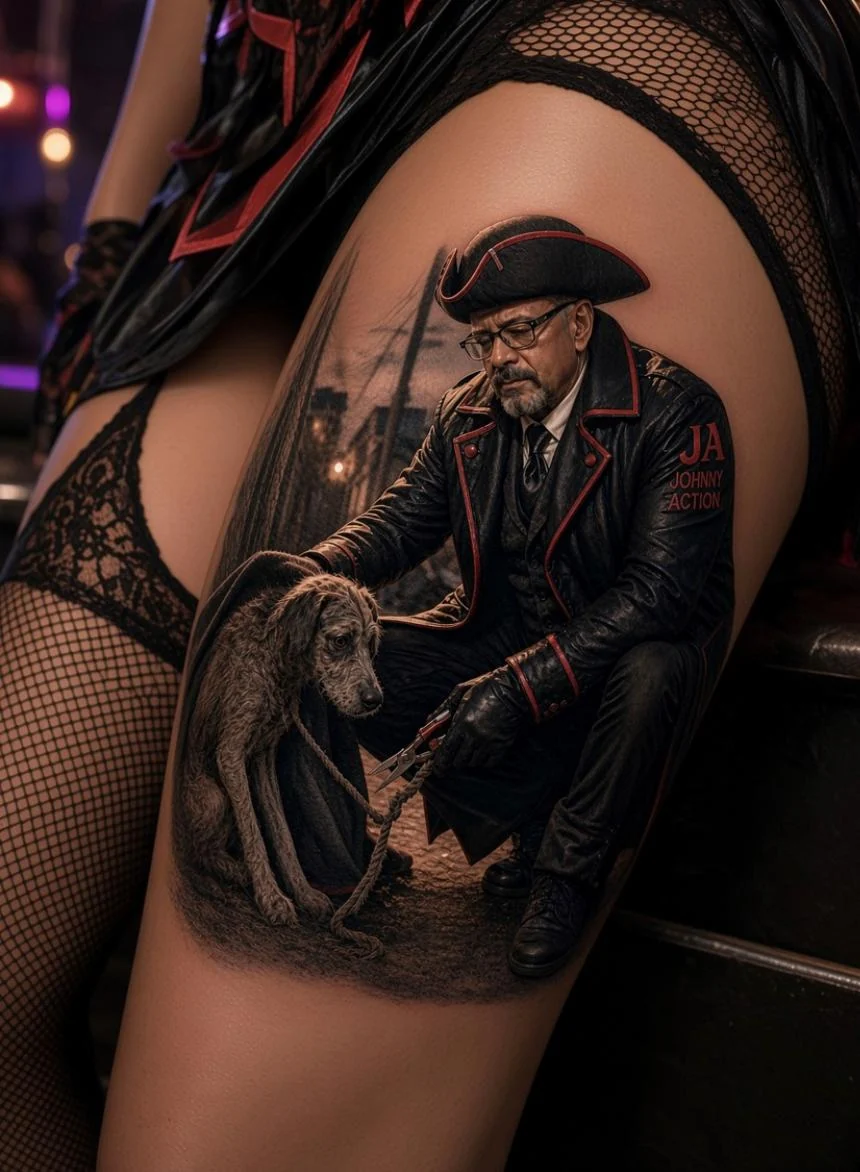 Johnny Action and a dog depicted in a tattoo on a person's leg