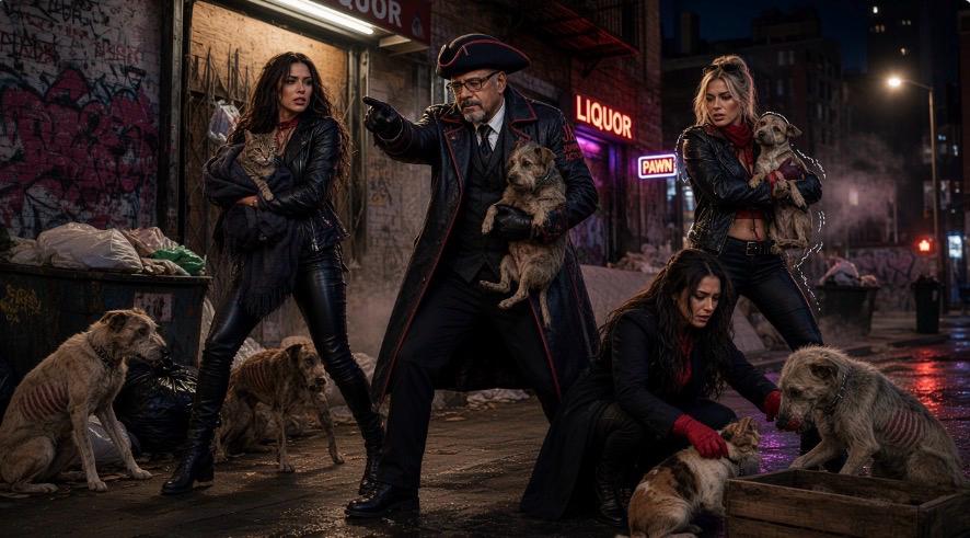 People caring for dogs and cats on an urban street at night